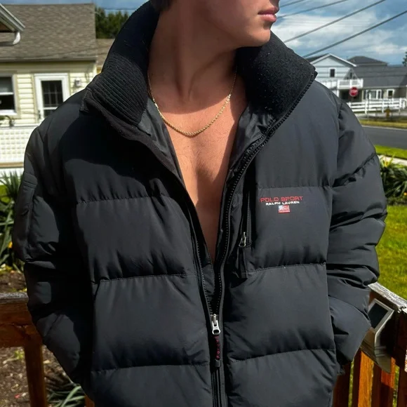 Vintage 1990s Ralph Lauren Polo Sport Black Down Puffer Coat Jacket Size XL